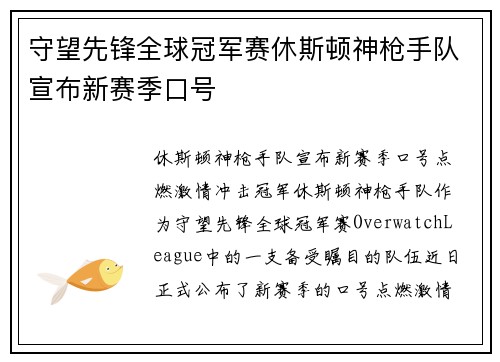 守望先锋全球冠军赛休斯顿神枪手队宣布新赛季口号